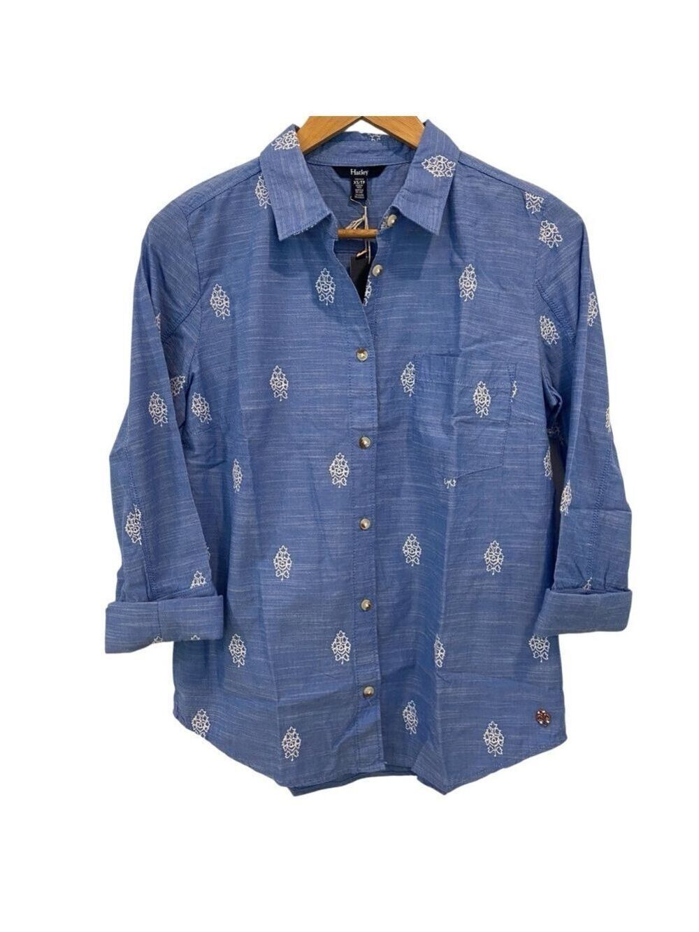 Hatley Cindy blouse blue white embroidery 100% cotton convertible long sleeve XS